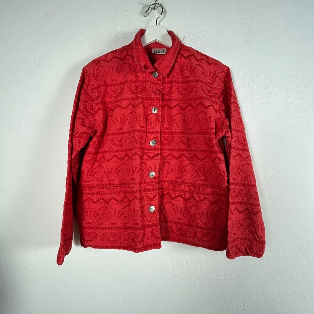 Chico's Design Womens Red Embroidered Cotton Jacket Size 1 Button Front Casual